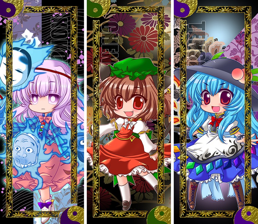 chen, hinanawi tenshi, and hata no kokoro (touhou) drawn by chino_(ch_no)
