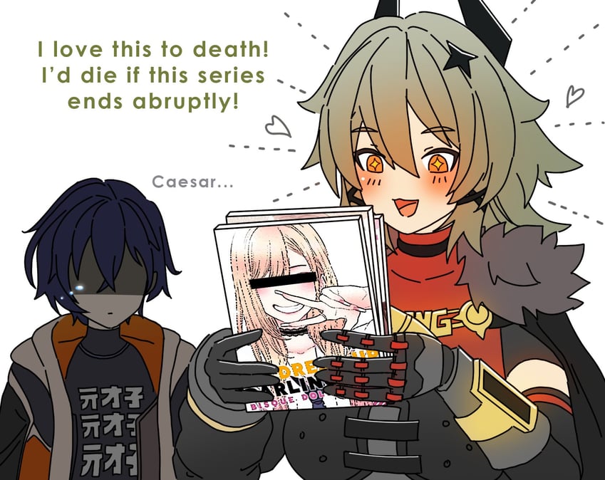 kitagawa marin, belle, and caesar king (zenless zone zero and 1 more) drawn by dorahdew