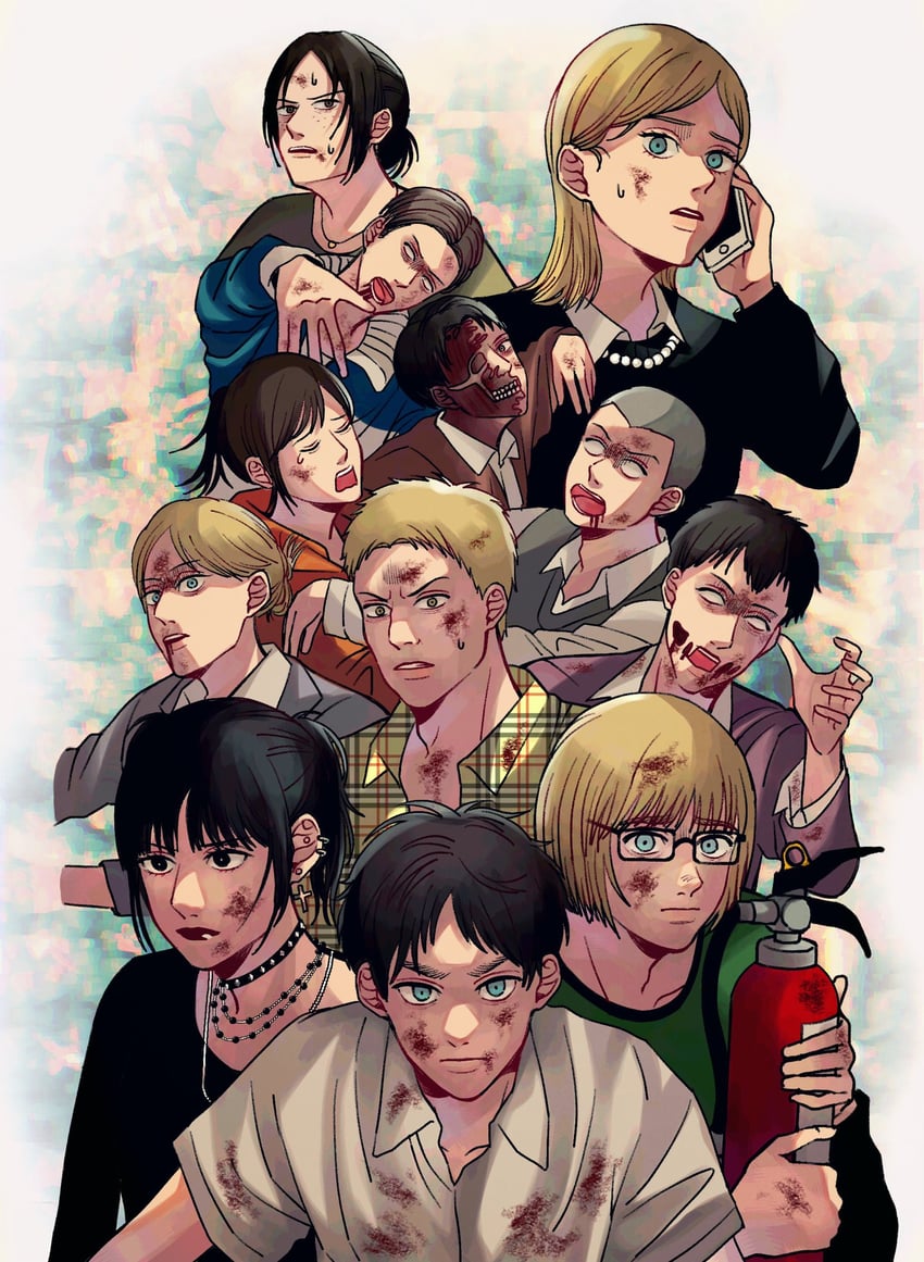 mikasa ackerman, eren yeager, krista lenz, reiner braun, ymir, and 6 more (shingeki no kyojin and 1 more) drawn by llq9ull