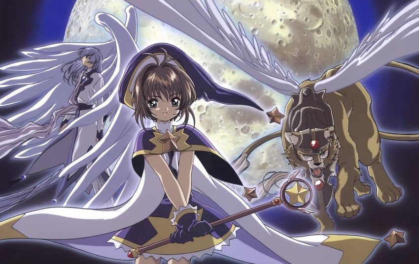 kinomoto sakura, kero, yue, and kerberos (cardcaptor sakura) drawn by takahashi_kumiko