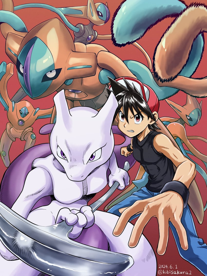 red, mewtwo, and deoxys (pokemon and 1 more) drawn by kibisakura2