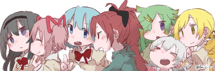 akemi homura, kaname madoka, miki sayaka, sakura kyoko, tomoe mami, and 2 more (mahou shoujo madoka magica) drawn by buivi