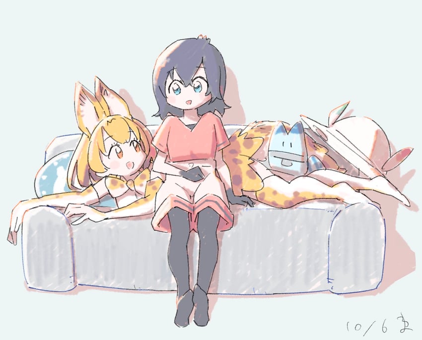 serval, kaban, and lucky beast (kemono friends) drawn by wamawmwm