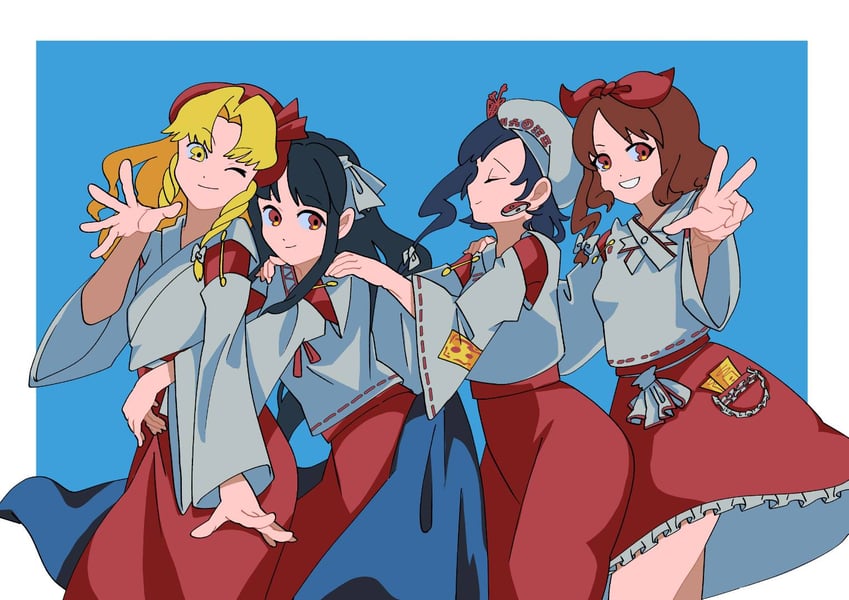 girl who trained on mt. haku, hourai girl, moonlight's anti-soul, and blonde shrine maiden from a future era (touhou and 1 more) drawn by shizuku_hky