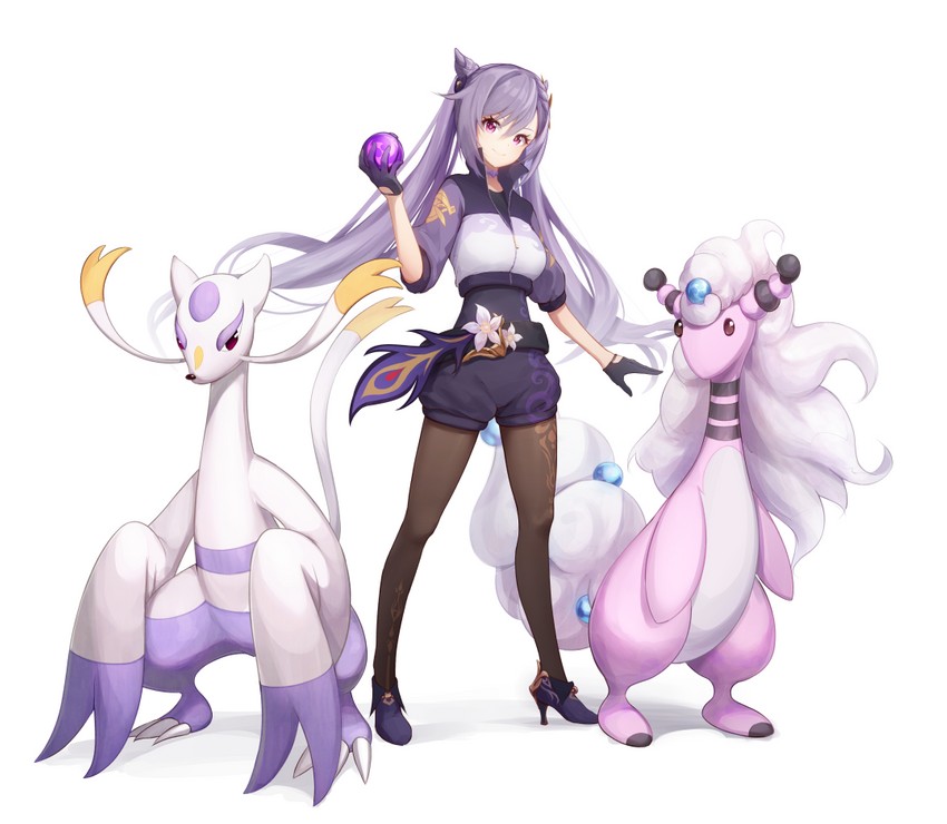 keqing, ampharos, mienshao, and mega ampharos (pokemon and 1 more) drawn by spica_(starlitworks)