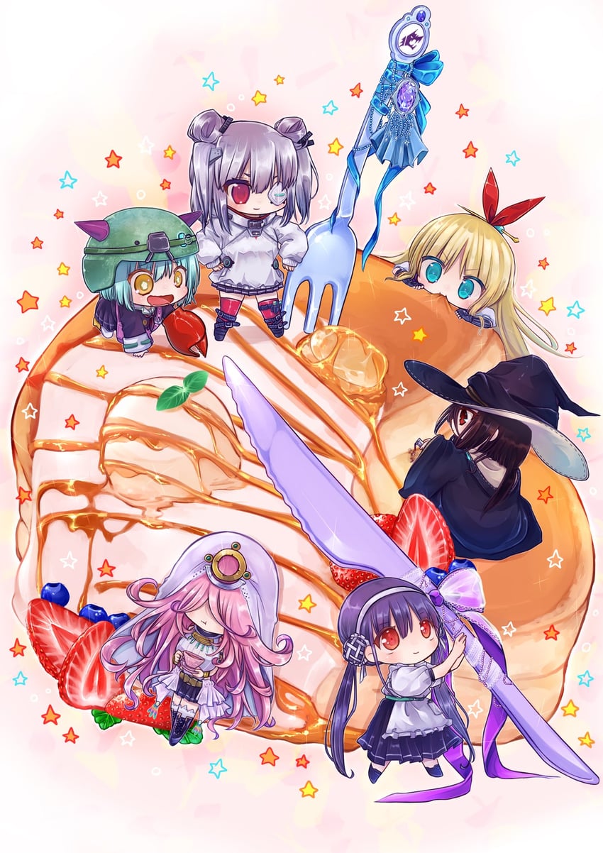 satsuki mari, kanzaki adelheid, yamawaki bon ivar, bungo yayoi, tenne miko, and 1 more (heaven burns red) drawn by aoi_brown_2