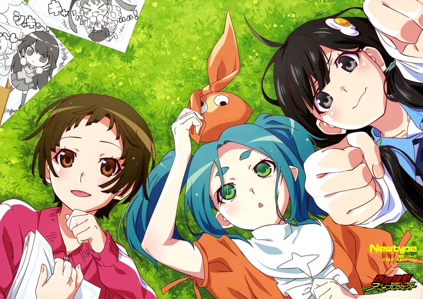 oshino shinobu, senjougahara hitagi, sengoku nadeko, hachikuji mayoi, ononoki yotsugi, and 2 more (monogatari and 3 more) drawn by katou_mizuki