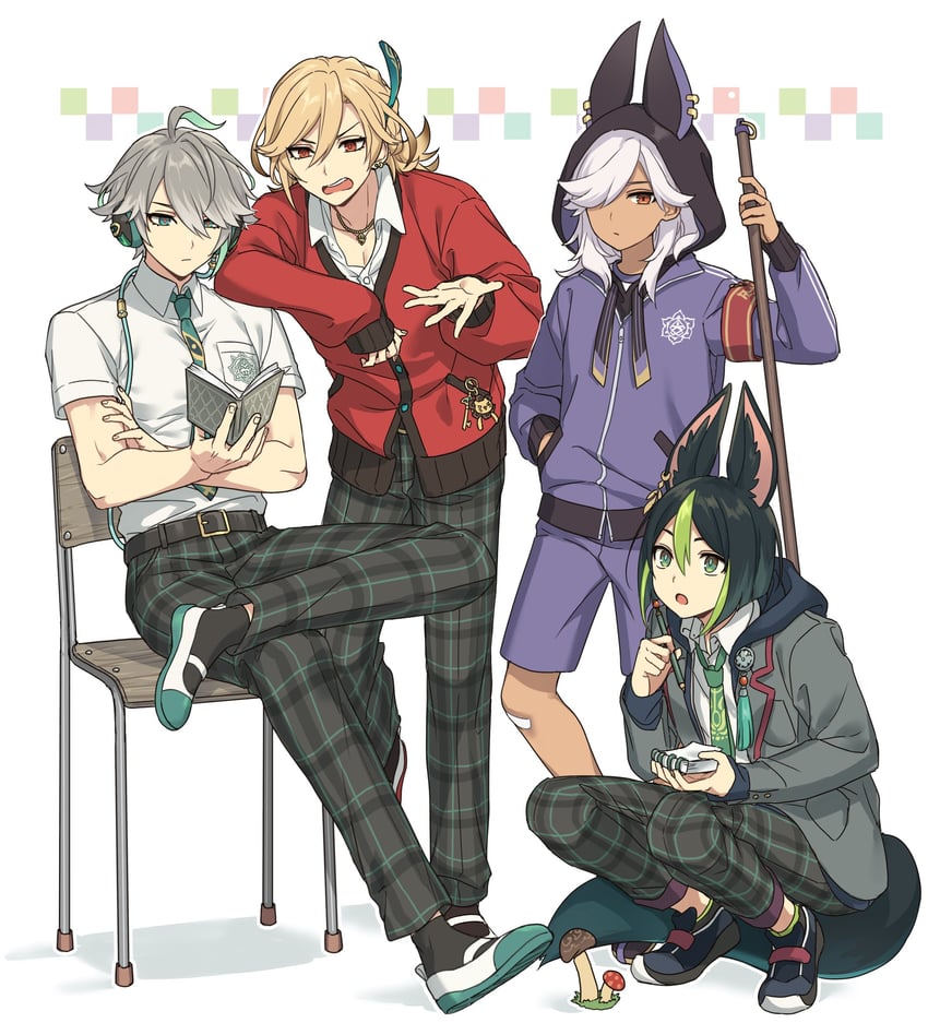 alhaitham, tighnari, kaveh, and cyno (genshin impact) drawn by kokotendon