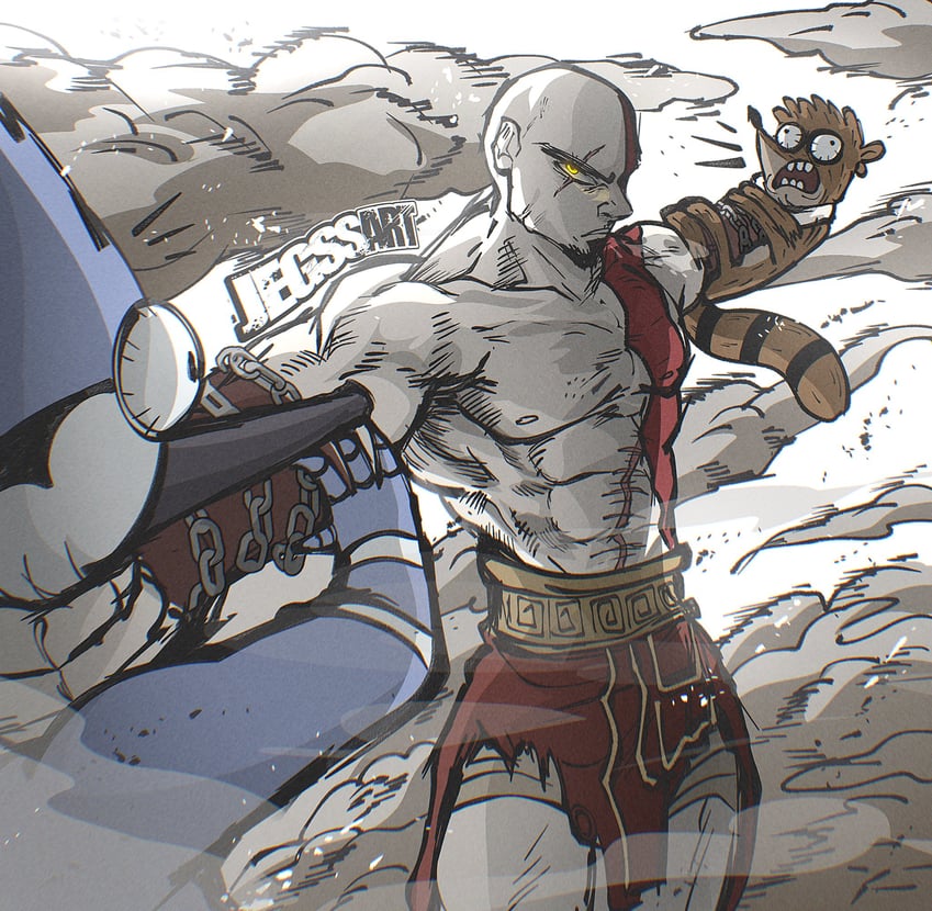 kratos, mordecai, and rigby (god of war and 1 more) drawn by jegssart