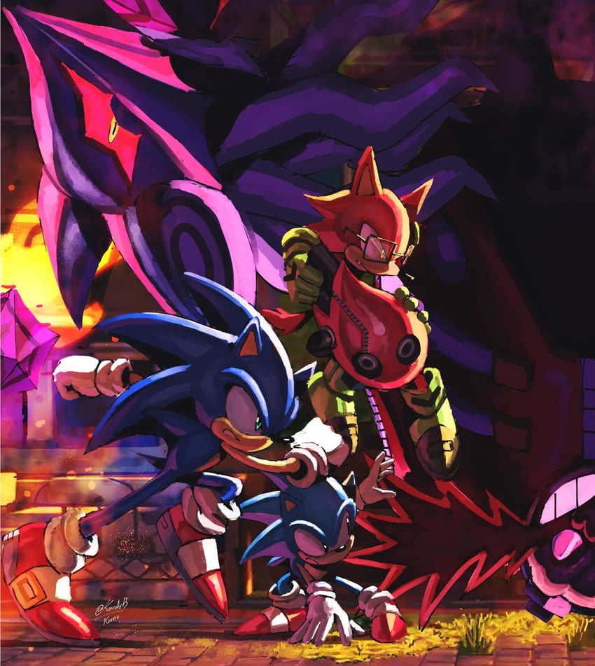 sonic the hedgehog, dr. eggman, classic sonic, infinite, and avatar (sonic and 1 more) drawn by kornart