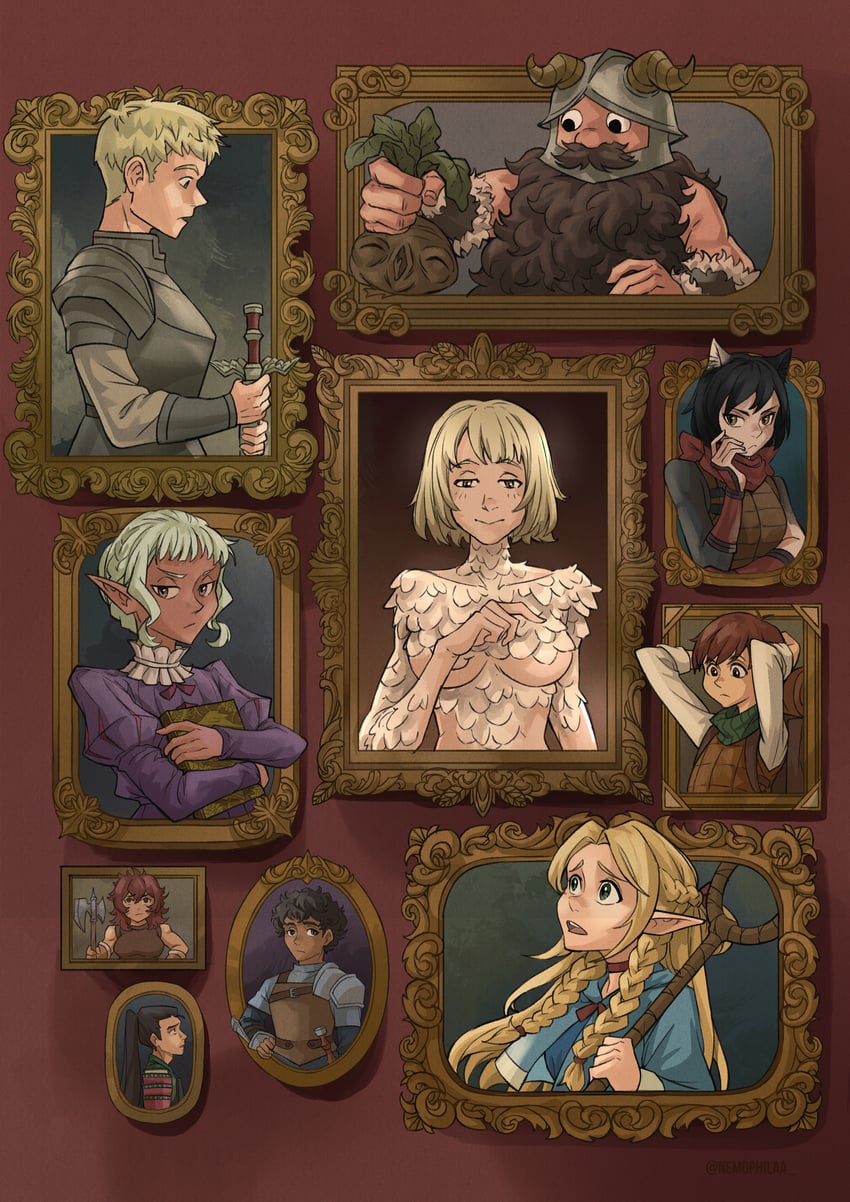 marcille donato, falin touden, laios touden, senshi, kabru, and 6 more (dungeon meshi) drawn by nemophila_(artist)