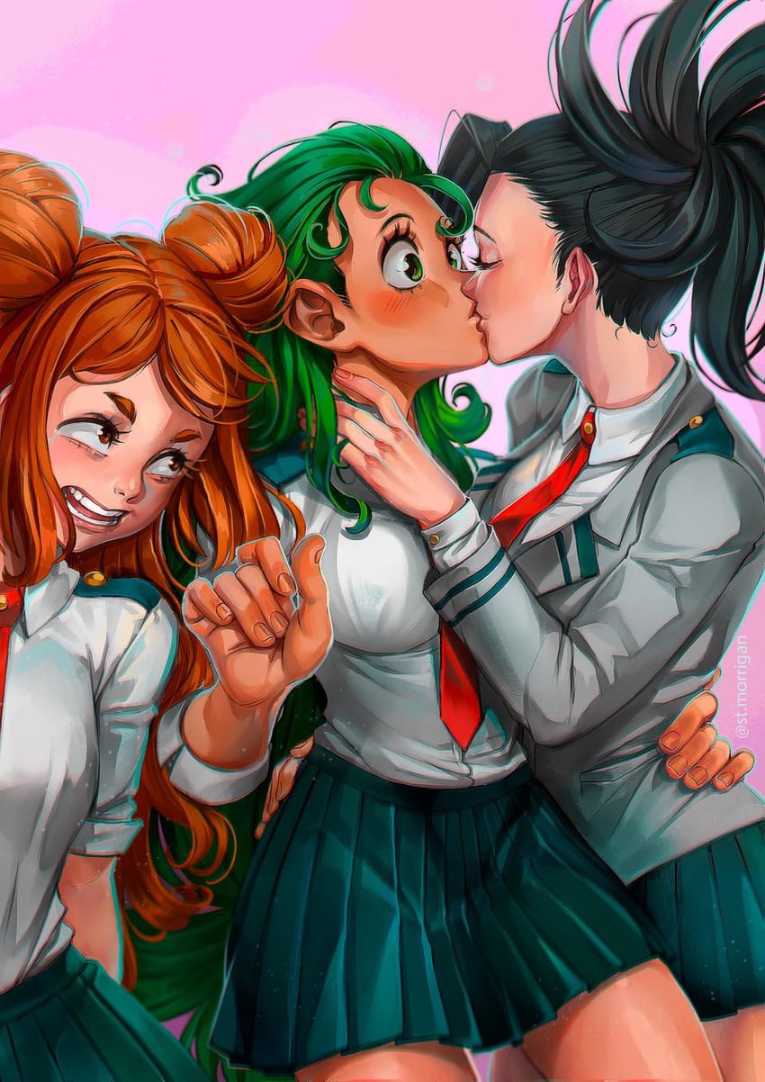 uraraka ochaco, asui tsuyu, and yaoyorozu momo (boku no hero academia) drawn by saint_morrigan