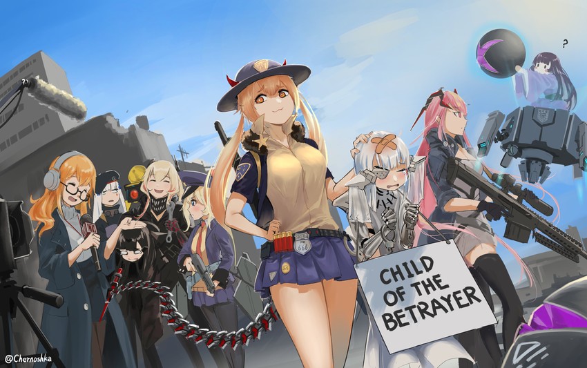hk416, m4 sopmod ii, kalina, nyto, banana, and 6 more (girls' frontline) drawn by chernoshka