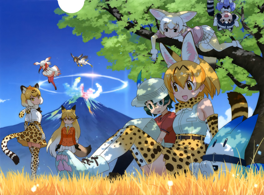 serval, kaban, common raccoon, fennec, lucky beast, and 4 more (kemono friends) drawn by yoshizaki_mine