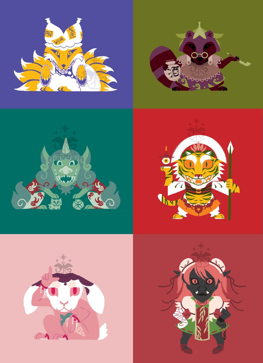 yakumo ran, inaba tewi, toramaru shou, ibaraki kasen, futatsuiwa mamizou, and 1 more (touhou) drawn by roaringwish