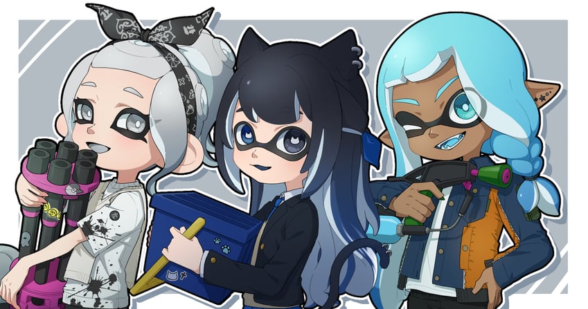 inkling player character, inkling girl, octoling player character, and octoling girl (splatoon and 1 more) drawn by minato_yodaka