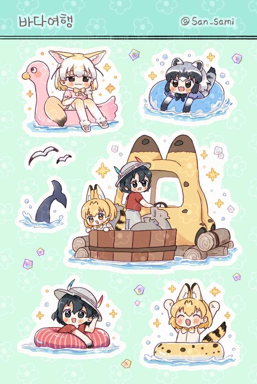 serval, kaban, common raccoon, and fennec (kemono friends) drawn by san_sami