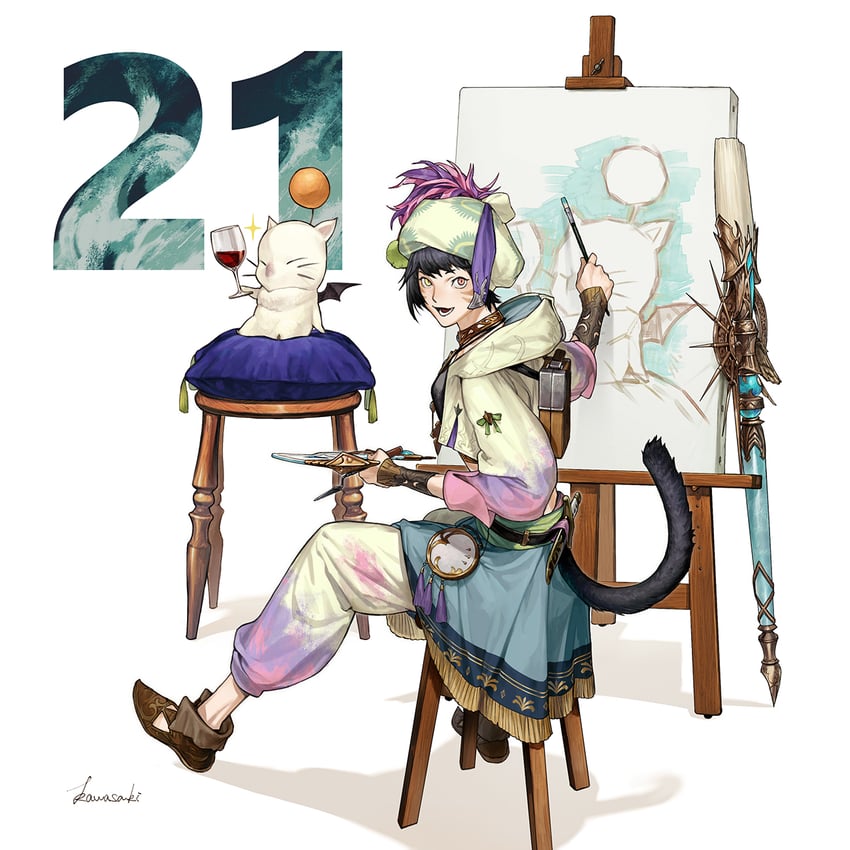 warrior of light, moogle, and pictomancer (final fantasy and 1 more) drawn by natsu_kawasaki