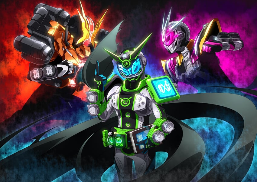 kamen rider zi-o, kamen rider geiz, kamen rider woz, kamen rider zi-o ii, kamen rider geizrevive, and 1 more (kamen rider and 1 more) drawn by otokamu