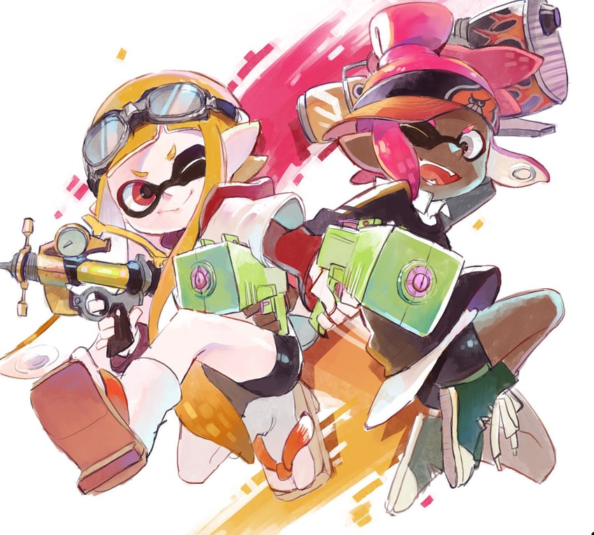inkling player character, inkling girl, and inkling boy (splatoon and 2 more) drawn by magotsuki_(hurray)