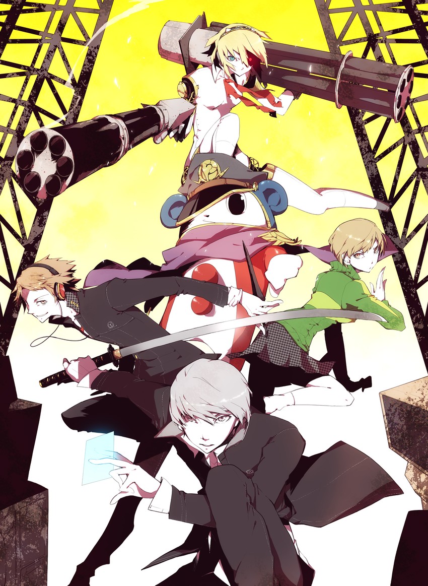 narukami yu, satonaka chie, aigis, hanamura yousuke, and kuma (persona and 3 more) drawn by harukawa_sango
