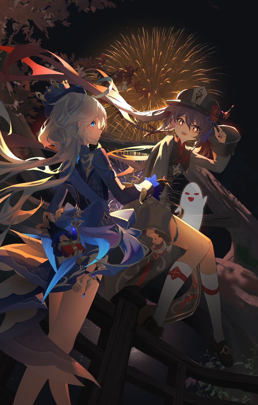 hu tao, furina, and boo tao (genshin impact) drawn by qixia