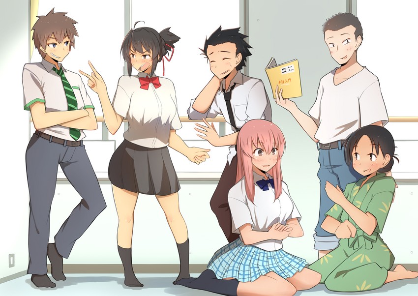 miyamizu mitsuha, tachibana taki, nishimiya shouko, ishida shouya, urano suzu, and 1 more (kimi no na wa. and 2 more) drawn by osora_(judithandlilith)