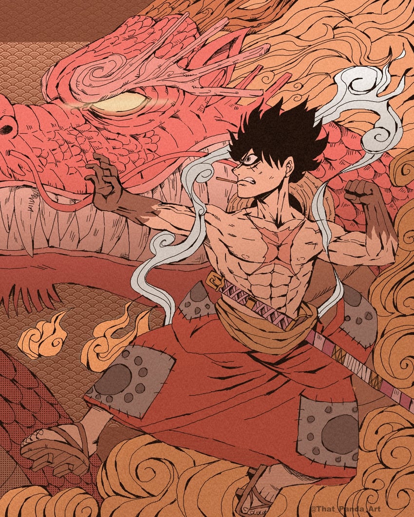 monkey d. luffy and kouzuki momonosuke (one piece) drawn by that_one_panda