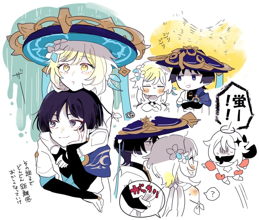 lumine, scaramouche, wanderer, and paimon (genshin impact) drawn by sumika_nl