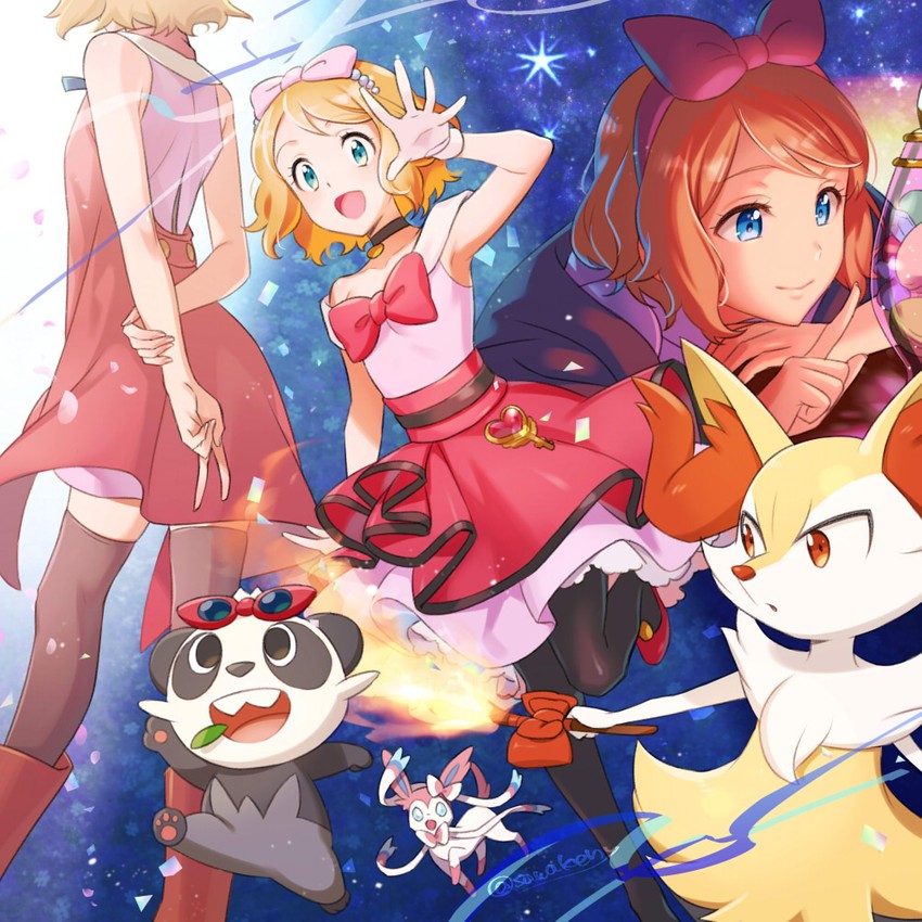 serena, sylveon, braixen, and pancham (pokemon and 1 more) drawn by kanimaru
