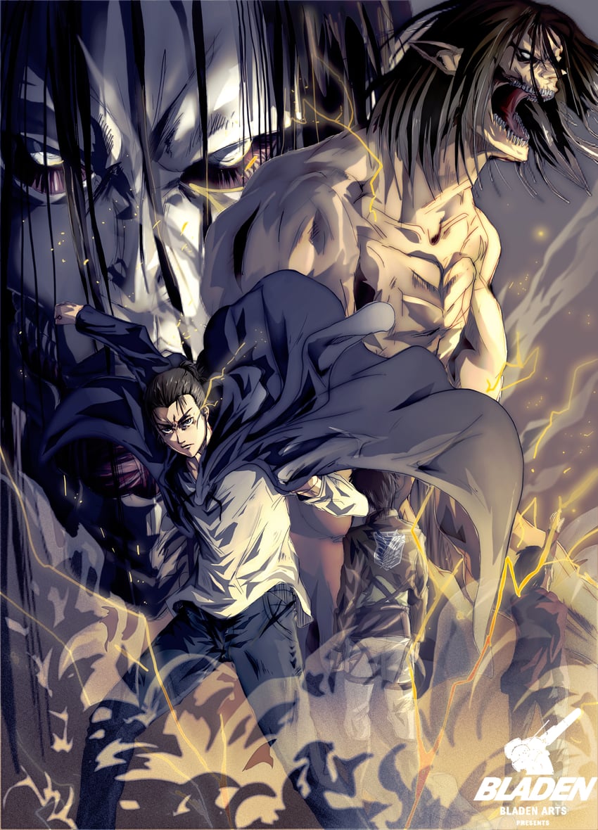 eren yeager, titan, rogue titan, av-98 ingram, and founding titan (shingeki no kyojin and 1 more) drawn by bladen_art