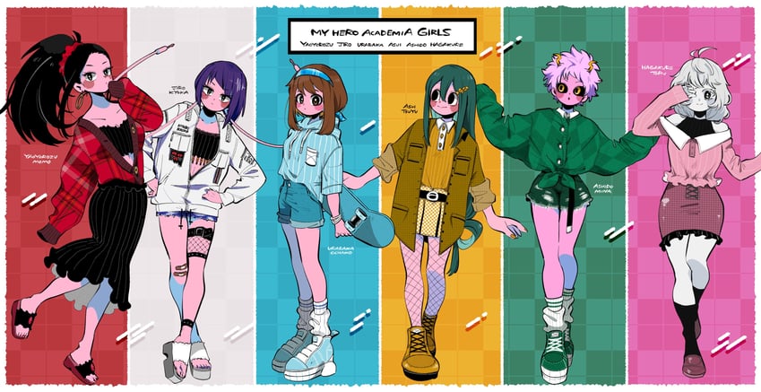 uraraka ochaco, asui tsuyu, yaoyorozu momo, ashido mina, jiro kyoka, and 1 more (boku no hero academia) drawn by anna_(aannnaa3)
