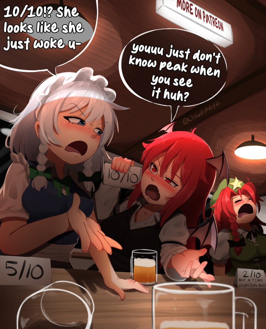 izayoi sakuya, hong meiling, and koakuma (touhou) drawn by cloudykeyz