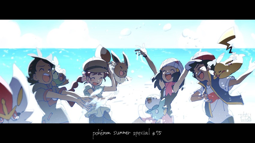 pikachu, dawn, ash ketchum, eevee, piplup, and 4 more (pokemon and 1 more) drawn by ueda_hanako
