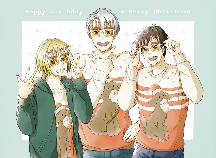 katsuki yuuri, viktor nikiforov, yuri plisetsky, and makkachin (yuri!!! on ice) drawn by mamemomota