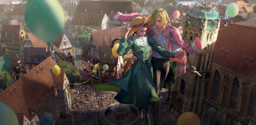howl pendragon and sophie hatter (howl no ugoku shiro) drawn by shi_shihou
