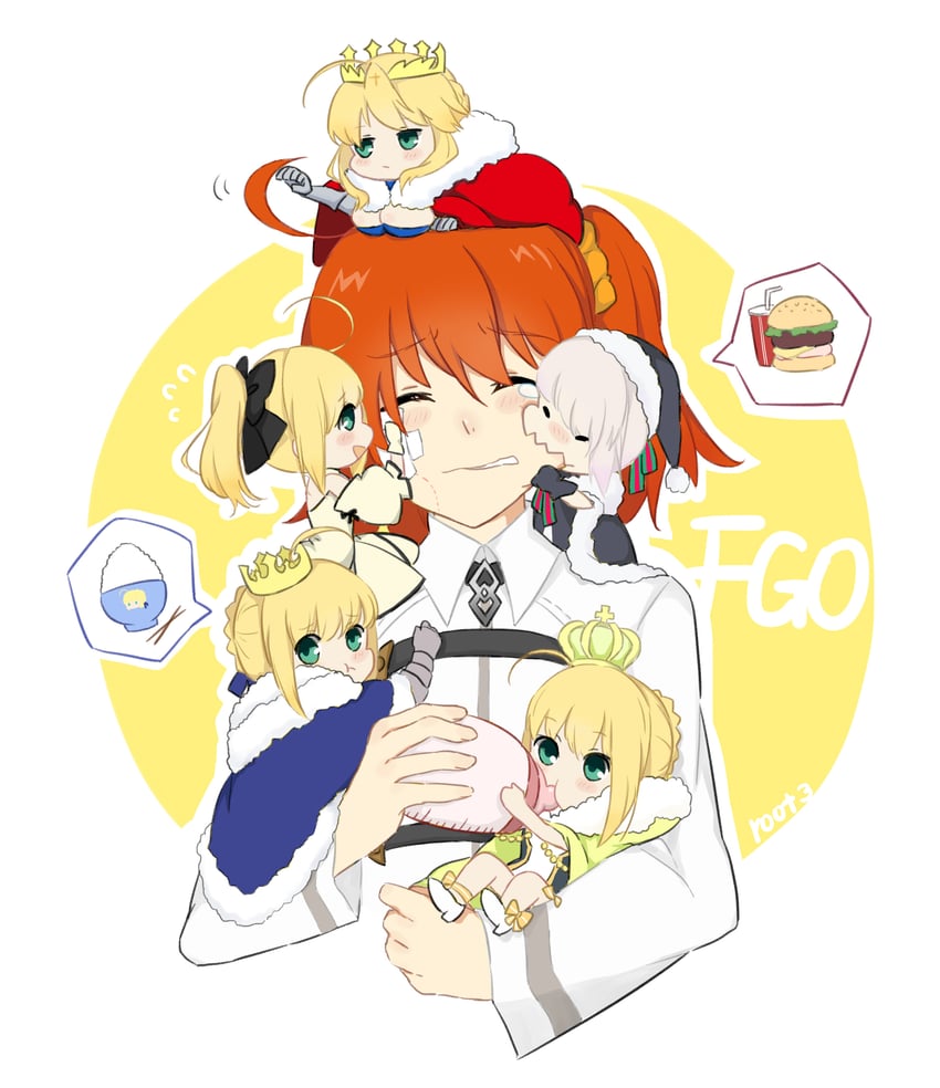 artoria pendragon, saber, fujimaru ritsuka, saber alter, saber lily, and 1 more (fate and 1 more) drawn by konsan_(shinonome_root3)