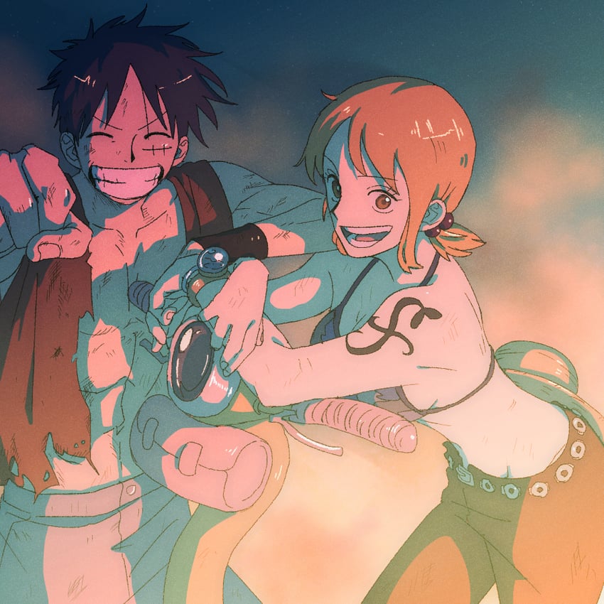 nami and monkey d. luffy (one piece) drawn by obobkkp