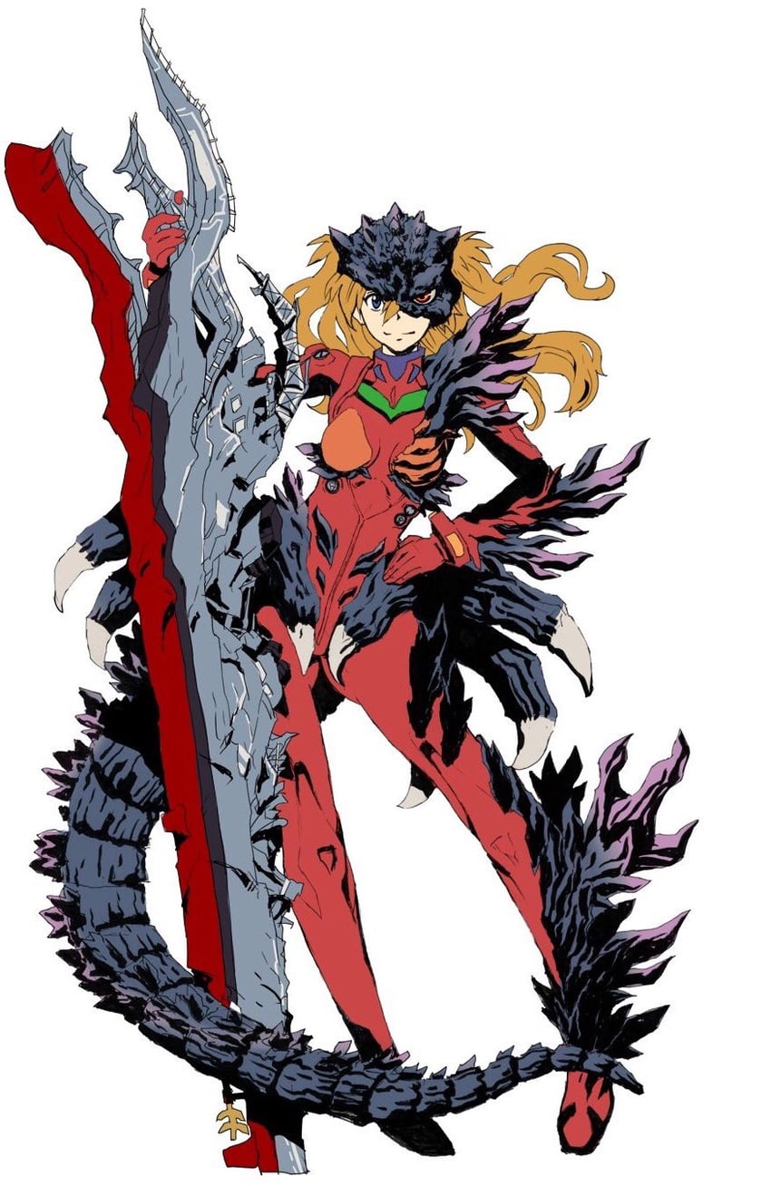 souryuu asuka langley and godzilla (neon genesis evangelion and 1 more) drawn by honzawa_yuuichirou