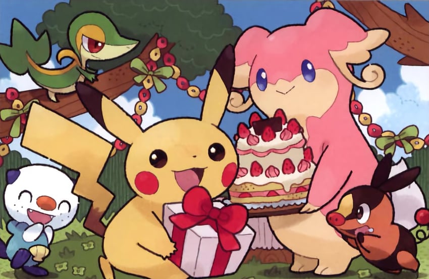 pikachu, oshawott, snivy, tepig, and audino (pokemon and 1 more) drawn by eo_kanako