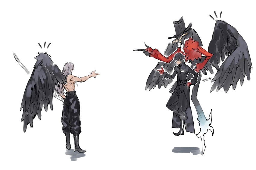 sephiroth, amamiya ren, joker, and arsene (final fantasy and 4 more) drawn by yourfreakyneighbourh