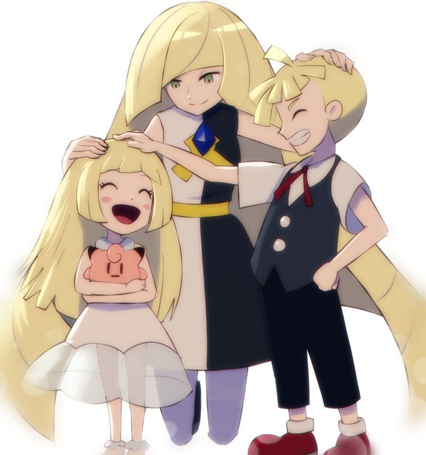 lillie, lusamine, gladion, and clefairy (pokemon and 1 more) drawn by gonzarez