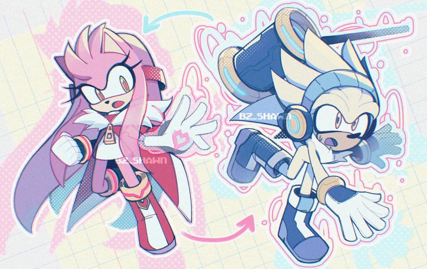 amy rose and silver the hedgehog (sonic) drawn by bz_shawn