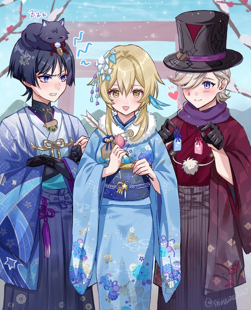 lumine, wanderer, lyney, and scaramouche (genshin impact) drawn by snow20200