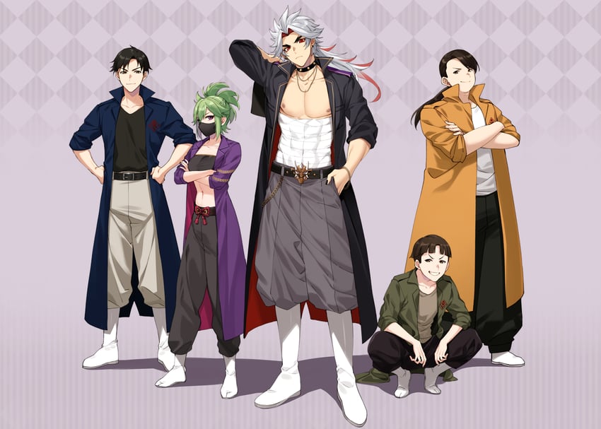 kuki shinobu, arataki itto, genta, mamoru, and akira (genshin impact) drawn by onimoti
