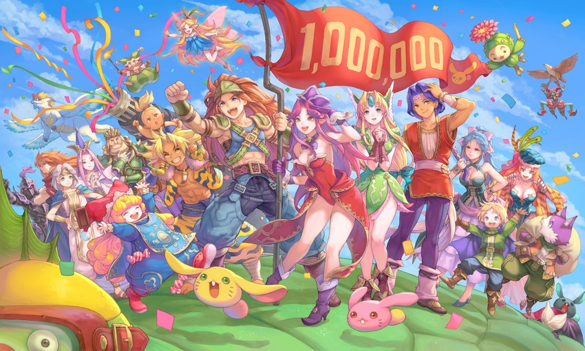 riesz, angela, charlotte, rabite, duran, and 9 more (seiken densetsu and 2 more) drawn by haccan