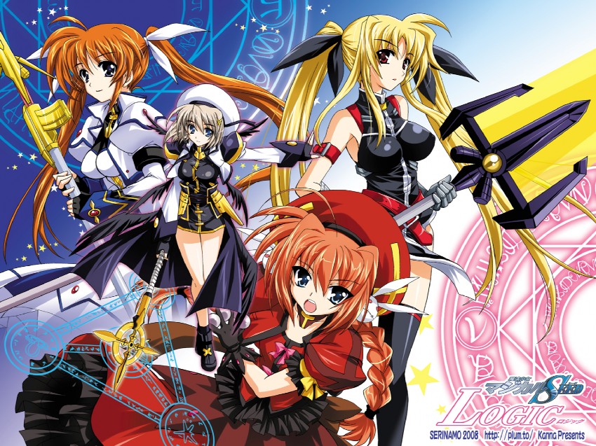fate testarossa, takamachi nanoha, yagami hayate, raising heart, bardiche, and 3 more (lyrical nanoha and 1 more) drawn by kanna_(plum)