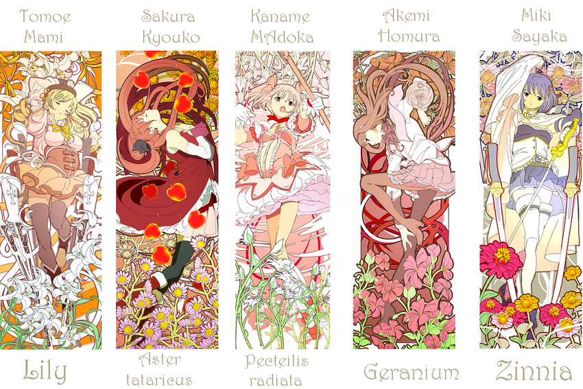 akemi homura, kaname madoka, miki sayaka, sakura kyoko, and tomoe mami (mahou shoujo madoka magica) drawn by edoya_inuhachi
