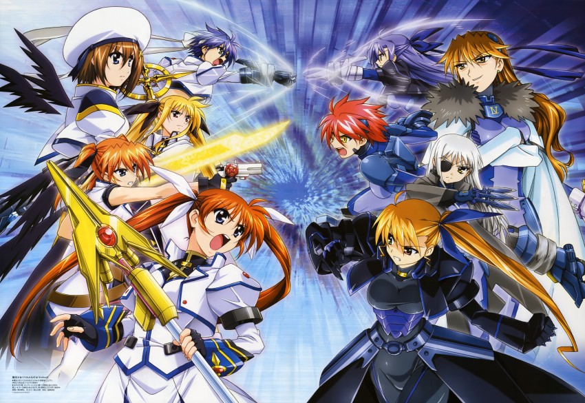 fate testarossa, takamachi nanoha, yagami hayate, raising heart, bardiche, and 10 more (lyrical nanoha and 2 more) drawn by okuda_yasuhiro