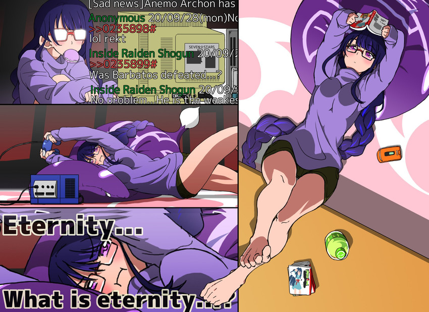 raiden shogun, suzumiya haruhi, asakura ryoko, and slime (genshin impact and 1 more) drawn by imtmcomics